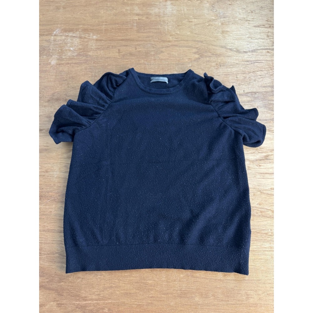 Anthropologie Sweater Women's Large Black Puff Short Sleeve Ruffle Shoulder Knit